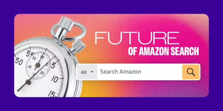 stopwatch and amazon search bar with words future of amazon search