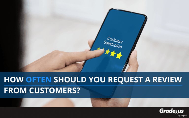 Person holding mobile phone. Text overlay that reads: How often should you request a review from customers?
