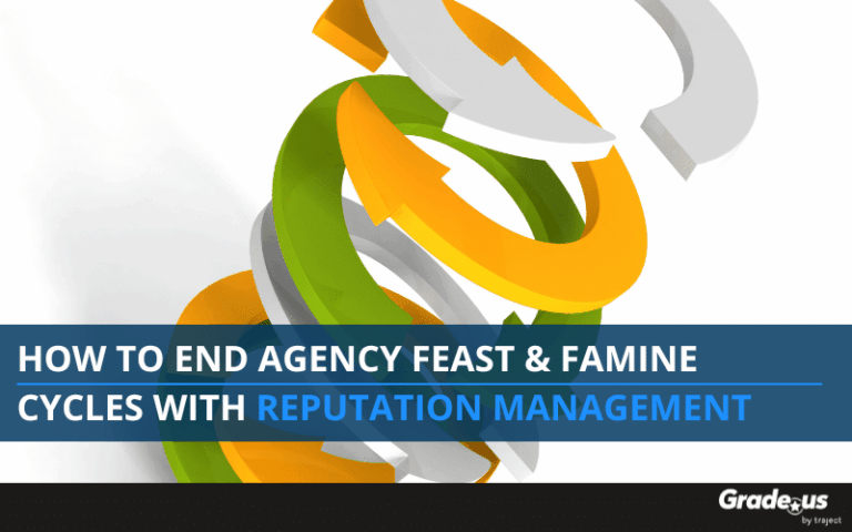 Swirling arrows illustration. Text overlay that reads: How to end agency feast/famine cycles with reputation management