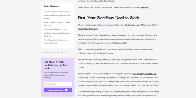 Blog article with left table of contents and a weekly email newsletter signup widget