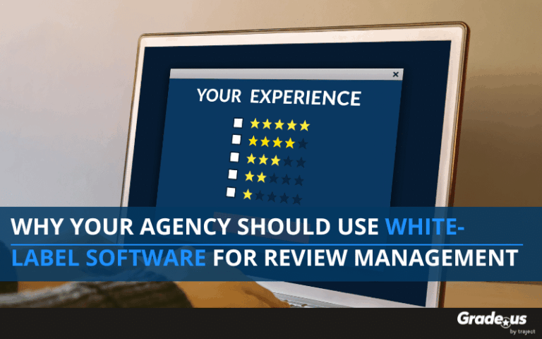Laptop computer with and star reviews. Text overlay that reads: Why Your Agency Should Use White-Label Software for Review Management