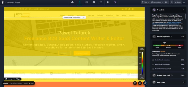 Crazy Egg heatmap dashboard with AI analysis flagging rage and dead clicks