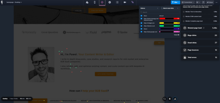 Crazy Egg example showing over a writers website.