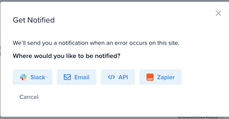 Screenshot of the Error Notification setup step in Crazy Egg. This provides options for Slack, Email, API, and Zapier messages.