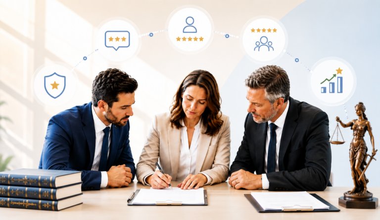 A clean editorial composition with a lawyer on one side and three or four abstract review cards gradually converging into one strong reputation signal.