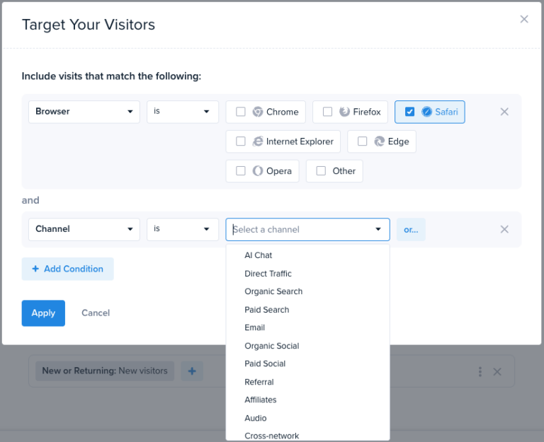 Screenshot of the Audience Targeting filter interface in Crazy Egg